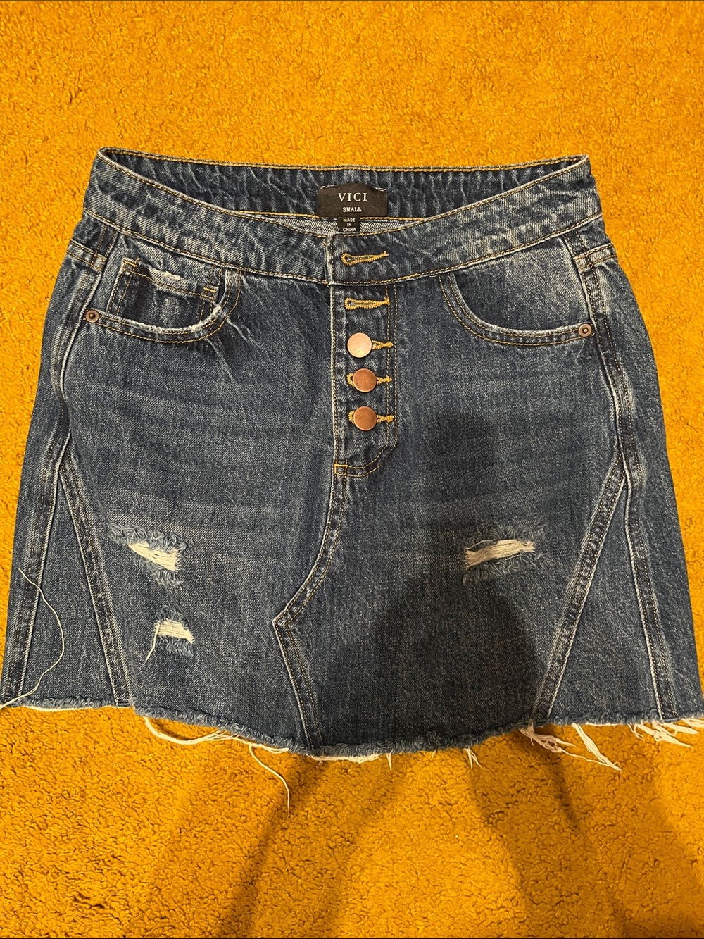 Ladies VICI Distressed Button front Dark Blue Denim Mini Skirt, size S